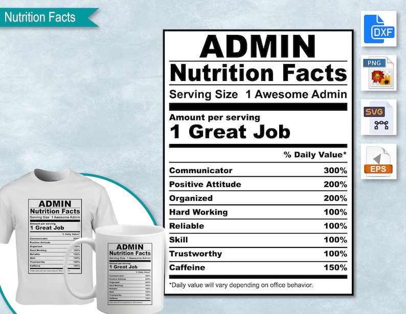 K&ouml;nnte beinhalten: Ein schwarz-wei&szlig;es Grafikdesign eines N&auml;hrwert-Etiketts f&uuml;r einen "Admin". Das Etikett listet die Portionsgr&ouml;&szlig;e als "1 Awesome Admin" und die Menge pro Portion als "1 Great Job" auf. Das Etikett enth&auml;lt eine Liste von Eigenschaften mit ihren entsprechenden prozentualen Tageswerten, wie z. B. "Communicator" mit 300 %, "Positive Attitude" mit 200 % und "Caffeine" mit 150 %.