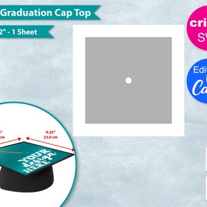 Puede incluir: Una descarga digital de una plantilla de tapa de gorro de graduación de 9,25 pulgadas. La plantilla es un cuadrado gris con un círculo en el centro. La plantilla está diseñada para ser utilizada con Cricut y Canva. La plantilla mide 12 pulgadas por 12 pulgadas y es una sola hoja.