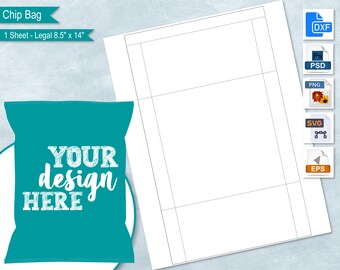 May include: A printable template for a chip bag, with a teal chip bag mockup and the text "YOUR design HERE". The template is 8.5 inches by 14 inches and is designed for legal size paper.