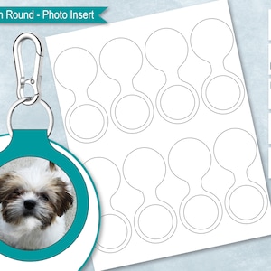 以下が含まれることがあります： 写真用の丸いキーホルダーテンプレート12個が印刷できるシート。各テンプレートには写真用の円とキーホルダー用のループがあります。シートは白で、黒いアウトラインがあります。
