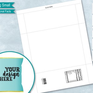 May include: A printable template for a small chip bag with a blank space for a design and a section for nutritional facts. The template is white with black lines and text. The text on the template says "Chip Bag Small" and "With Nutritional Facts".