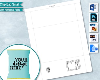May include: A printable template for a small chip bag with a blank space for a design and a section for nutritional facts. The template is white with black lines and text. The text on the template says "Chip Bag Small" and "With Nutritional Facts".