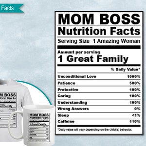 Mom Boss Nutrition Facts, Boss Mother Nutritional Fact Label Template Sublimation, Printable, DIY, Eps, PNG, SvG, DxF, Cricut, Silhouette