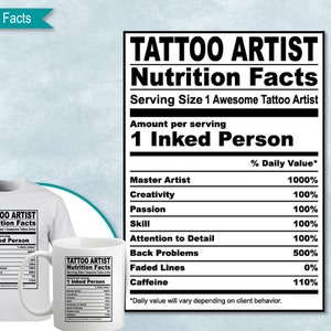 Tattoo Artist Nutrition Facts, SVG Nutritional Fact Label Template, Imprimible, DIY, Eps, PNG, SvG, DxF, Cricut, Silhouette