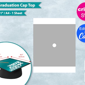 Puede incluir: Una plantilla de gorro de graduación gris para Cricut SVG, que mide 8,5 pulgadas por 11 pulgadas. La plantilla tiene un círculo en el centro para agregar un diseño. El texto "YOUR design HERE" está en el gorro.