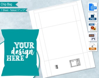 May include: A printable template for a chip bag, with a blank space for a design and a nutrition facts label. The template is 11 inches by 17 inches and is designed to be printed on tabloid paper.