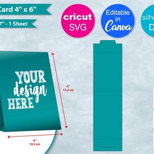 Może przedstawiać: Szablon karty namiotowej w kolorze turkusowym z tekstem "YOUR design HERE" w kolorze białym. Karta ma 10,2 cm szerokości i 15,2 cm wysokości. Szablon jest dostępny w formatach SVG, DXF i PNG.