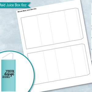 May include: A printable template for a Minute Maid juice box. The template is for a 6 oz box and includes two panels with fold lines. The template is in black and white and has the text "Minute Maid Juice Box 6oz" at the top.