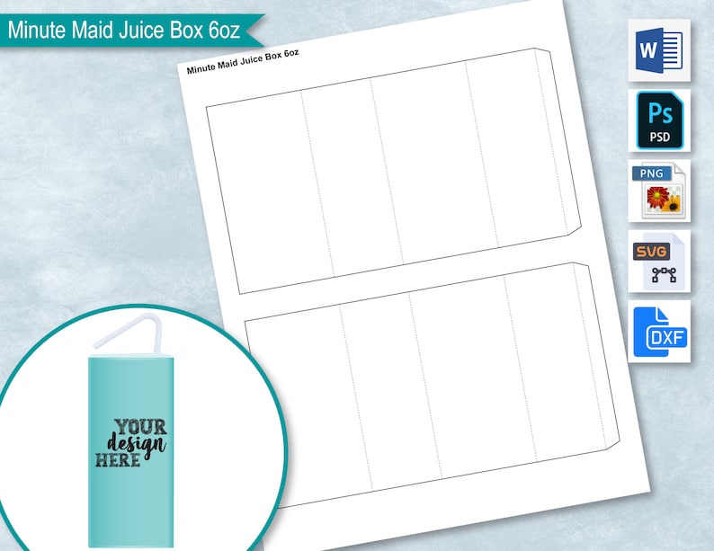 May include: A printable template for a Minute Maid juice box. The template is for a 6 oz box and includes two panels with fold lines. The template is in black and white and has the text "Minute Maid Juice Box 6oz" at the top.