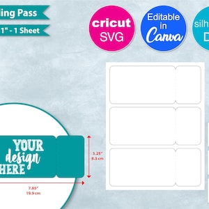 Op de afbeelding: Een turquoise instapkaartontwerp met de tekst "YOUR design HERE". De afbeelding bevat de tekst "Boarding Pass" en afmetingen van 19,9 cm x 8,3 cm. Extra pictogrammen geven compatibiliteit met Cricut SVG-, Canva- en Silhouette DXF-formaten aan.