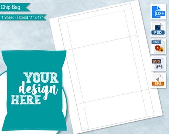May include: A printable template for a chip bag, with a teal blue bag mockup and the text "YOUR design HERE". The template is for a tabloid size sheet, measuring 11 inches by 17 inches.