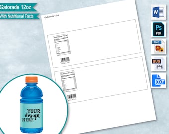 Sports Drink 12oz 355ml Wrapper Template with Nutritional Facts, Sticker Label, Create Own Design, PsD, PNG, SvG, DxF, MS Word Doc Formats