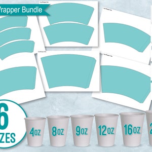 6 Größen Bundle Blank Pappbecher Wrapper, Styropor Kaffeetasse Vorlage, Erstellen Sie Design Ihr Eigenes, PSD, PNG, SVG, Dxf, Microsoft Word Doc Format