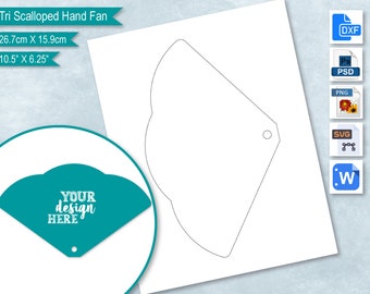 Tri Scallop Hand Fan Blank Template, Church Wedding Program, Scalloped DIY Paddle Fan Label Template,  PsD, PNG, SvG, DxF, Word Formats