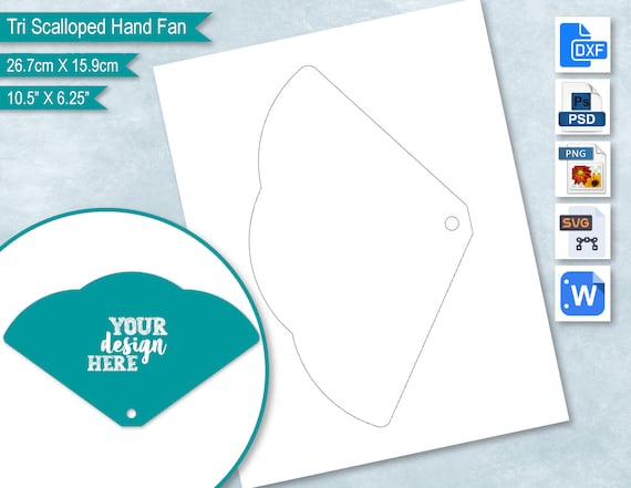 Tri Scallop Hand Fan Blank Template, Church Wedding Program, Scalloped DIY Paddle Fan Label Template,  PsD, PNG, SvG, DxF, Word Formats