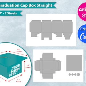 Puede incluir: Una plantilla imprimible para una caja de gorro de graduación de 3,5 pulgadas. La plantilla está diseñada para ser recortada y ensamblada en una caja. La caja tiene forma de gorro de graduación y tiene espacio para agregar un diseño. La plantilla está disponible en formatos SVG y PNG. La plantilla mide 11 pulgadas por 17 pulgadas y requiere dos hojas de papel.