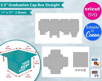 May include: A printable template for a 3.5 inch graduation cap box. The template is designed to be cut out and assembled into a box. The box is shaped like a graduation cap and has a space for a design to be added. The template is available in SVG and PNG formats. The template is 11 inches by 17 inches and requires two sheets of paper.