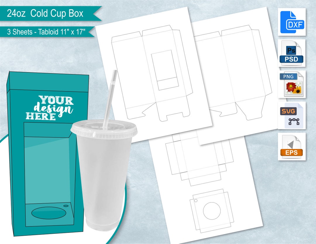 24oz Cold Cup Gift Box With Window and Lid Template 11x17 Sheets, Venti