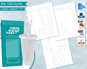 24oz Cold Cup Gift Box with Window and Lid Template 11&quot;x17&quot; Sheets, Venti Gift Box Template, Cricut SVG, Sublimation Cut File SVG, Png, PsD