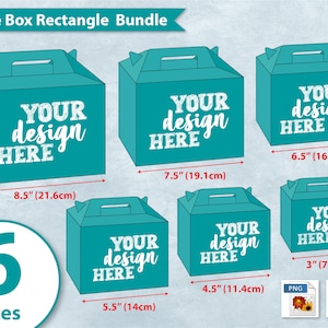May include: A set of six teal gable boxes in various sizes, ranging from 3 inches to 8.5 inches. The boxes are all rectangular and have a handle on the top. The boxes are labeled with the text "YOUR design HERE".
