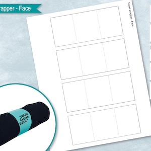 May include: A printable template for a towel wrapper. The template has three sections for text or images. The text "Your design here" is on a rolled towel.