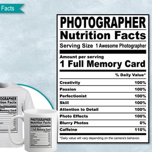 Datos nutricionales del fotógrafo, Plantilla de etiqueta de datos nutricionales SVG, imprimible, DIY, Eps, PNG, SvG, DxF, Cricut, Silhouette