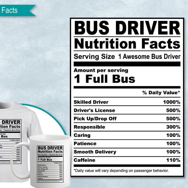 Bus Driver Nutrition Facts, School Bus Driver SVG Nutritional Fact Label Template, Printable, DIY, Eps, PNG, SvG, DxF, Cricut, Silhouette