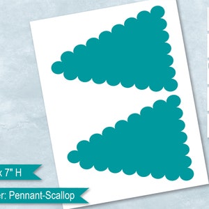 May include: Two teal blue pennant banners with scalloped edges. Each banner measures 5 inches wide by 7 inches high. The banners are on a white background.