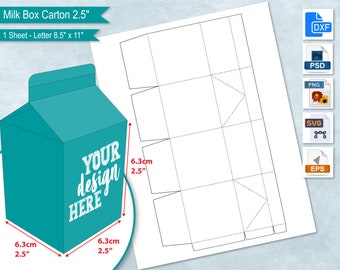 Plantilla para caja de regalo de cartón de leche de 6,3 cm (2,5"), hoja de 21,5 x 27,9 cm (8,5" x 11"), caja de leche de 6,3 cm, caja para dulces DIY, caja para recuerdos de fiesta, Cricut, archivo de corte por sublimación SVG