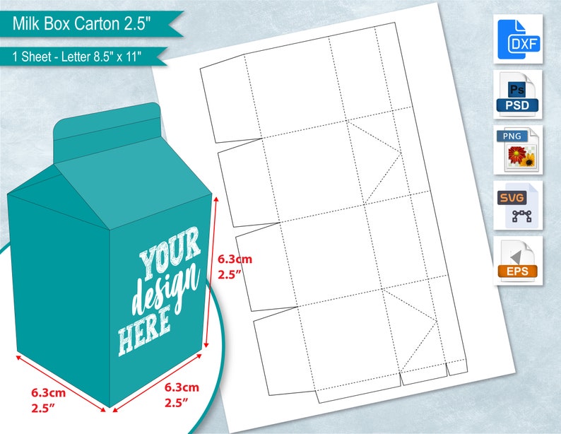 2.5 Milk Carton Gift Box Template, 8.5x11 Sheet, 6.3 cm Milk Box, DIY CandyTreat Box, Party Favor Box, Cricut, Sublimation Cut File SVG image 1