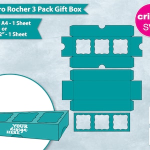 May include: A teal blue printable template for a gift box to hold three Ferrero Rocher chocolates. The template includes the text "YOUR design HERE" and is designed to be cut out and assembled. The template is available in A4 or 12x12 inch sizes.