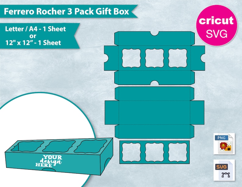 May include: A teal blue printable template for a gift box to hold three Ferrero Rocher chocolates. The template includes the text "YOUR design HERE" and is designed to be cut out and assembled. The template is available in A4 or 12x12 inch sizes.