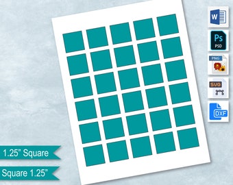 Può includere: Un foglio di carta bianco con una griglia di quadrati turchese, ciascuno di 3,18 cm. L'immagine include icone di tipo di file per i formati Word, Photoshop, PNG, SVG e DXF. Il testo sull'immagine recita "1.25" Square" e "Square 1.25".