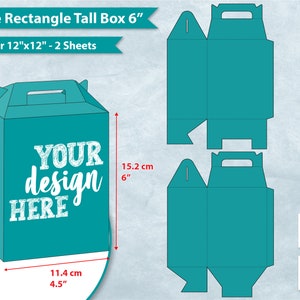 Może przedstawiać: Szablon pudełka z klapką w kolorze turkusowym z uchwytem. Pudełko ma 15,2 cm wysokości, 11,4 cm szerokości i 7,6 cm głębokości. Szablon zawiera tekst "YOUR design HERE".