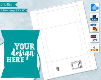 May include: A printable template for a chip bag, with a teal blue front panel that says "YOUR design HERE" in white text. The template is designed to be printed on a legal size sheet of paper, measuring 8.5 inches by 14 inches.