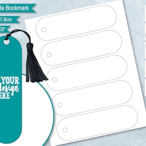 Può includere: Cinque segnalibri ovali stampabili con contorno nero. I segnalibri misurano 5,1 cm per 17,8 cm. Il testo "YOUR design HERE" è su un segnalibro turchese con un fiocco nero.