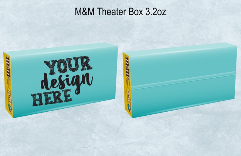 May include: A blue and yellow M&M's candy box with the text "YOUR design HERE" on the front. The box is 3.2 ounces.