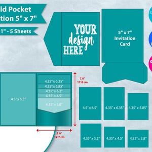 May include: A teal tri-fold pocket invitation design with dimensions of 5" x 7" and 8.5" x 11" sheets. The design includes the text "YOUR design HERE" and "Invitation Card". It also shows various cut-out shapes and sizes.