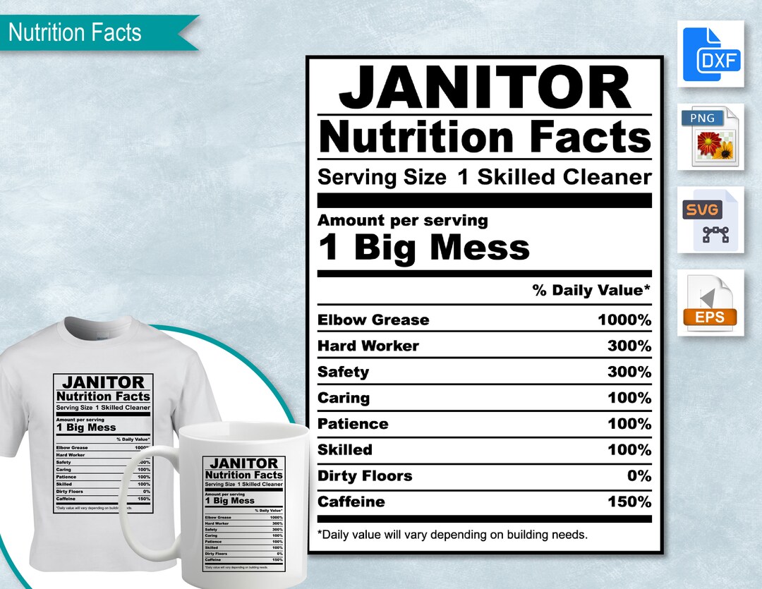 Janitor Nutrition Facts, SVG Nutritional Fact Label Template, Printable, DIY, Eps, PNG, Svg, Dxf