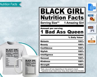 Black Girl Nutrition Facts, Black Girl Lady Female SVG Nutritional Fact Label Template Imprimible DIY, Eps, PNG, SvG, DxF, Cricut, Silhouette
