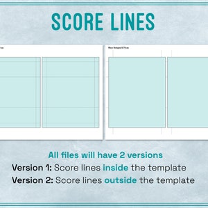 May include: Two printable score lines templates, each with two sections. The first template has score lines inside the sections, while the second template has score lines outside the sections. Both templates are labeled "Rice Krispie 8.78 oz". The text "All files will have 2 versions" is below the templates. The text "Version 1: Score lines inside the template" and "Version 2: Score lines outside the template" are below the text "All files will have 2 versions".