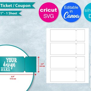 Könnte beinhalten: Ein Bogen mit Event-Tickets oder Gutscheinen. Das türkisfarbene Ticketdesign ist 17,5 cm lang und 6,0 cm hoch, mit dem Text "YOUR design HERE". Das Blatt ist 8,5" x 11" und enthält SVG-, Canva- und DXF-Dateiop
