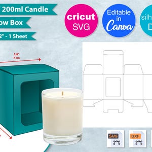 May include: A teal window box template with dimensions of 2.8 inches (7 cm) wide, 3.5 inches (8.9 cm) tall, and a candle. The image also includes a candle and a template for a window box, along with SVG, DXF, and PNG file icons.