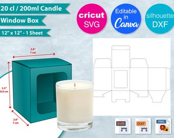 Plantilla para caja de regalo con ventana para vela de 200 ml, lámina de 30 x 30 cm, caja para vela de 20 cl, caja de regalo DIY para fiestas, Canva, Cricut, Silhouette, archivo de corte SVG, PNG