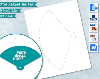 May include: A printable template for a small scalloped hand fan. The template is 10.5 inches by 6.25 inches and includes a scalloped edge and a hole for a string or ribbon. The template is shown on a white background.