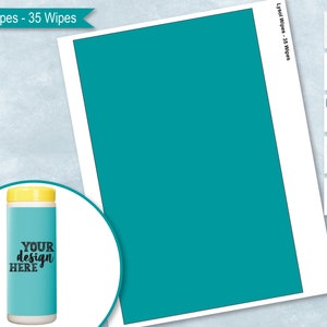 May include: A teal blue printable design template for a Lysol wipes container. The template is blank and ready to be customized with a design. The text "YOUR design HERE" is on a blue and white container of Lysol wipes.