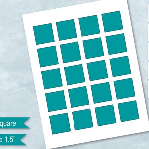 Może przedstawiać: Arkusz do wydruku z 20 kwadratami w kolorze turkusowym, każdy o wymiarach 3,8 cm, ułożonymi w siatkę 4x5. Tekst "1.5" Square" i "Square 1.5" znajduje się na dole arkusza.