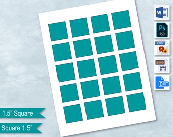Può includere: Un foglio stampabile con 20 quadrati turchesi, ognuno di 3,8 cm, disposti in una griglia 4x5. Il testo "1.5" Square" e "Square 1.5" è in fondo al foglio.