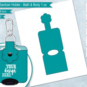 May include: Teal blue flower-shaped hand sanitizer holder with a key ring and the text "YOUR design HERE". The holder is 3.1 inches by 3.3 inches.