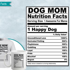 Dog Mom Nutrition Facts, SVG Nutritional Fact Label Template, Imprimible, DIY, Eps, PNG, SvG, DxF, Cricut, Silhouette
